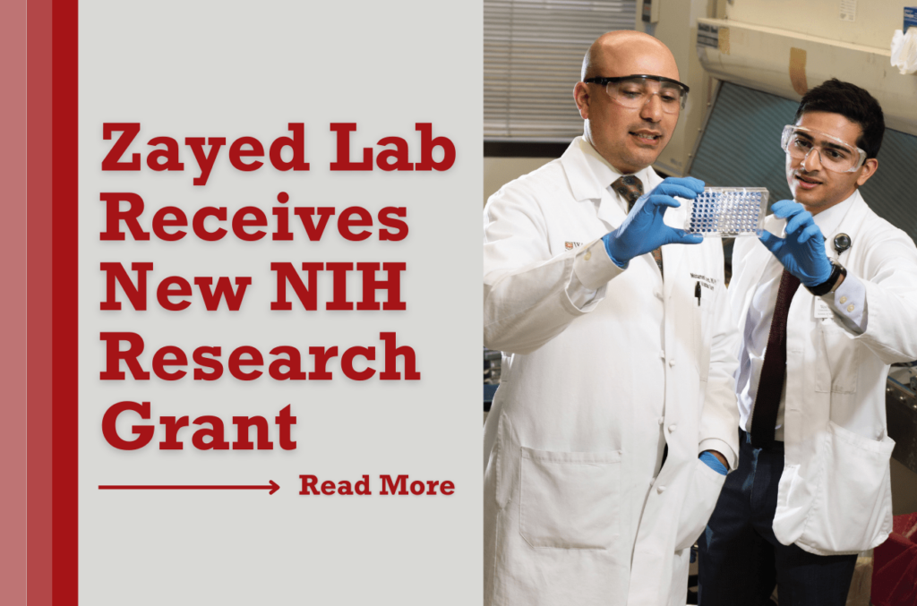 Picture of Mohamed Zayed, MD, MBA, in a white coat in a lab with a research trainee examining findings.