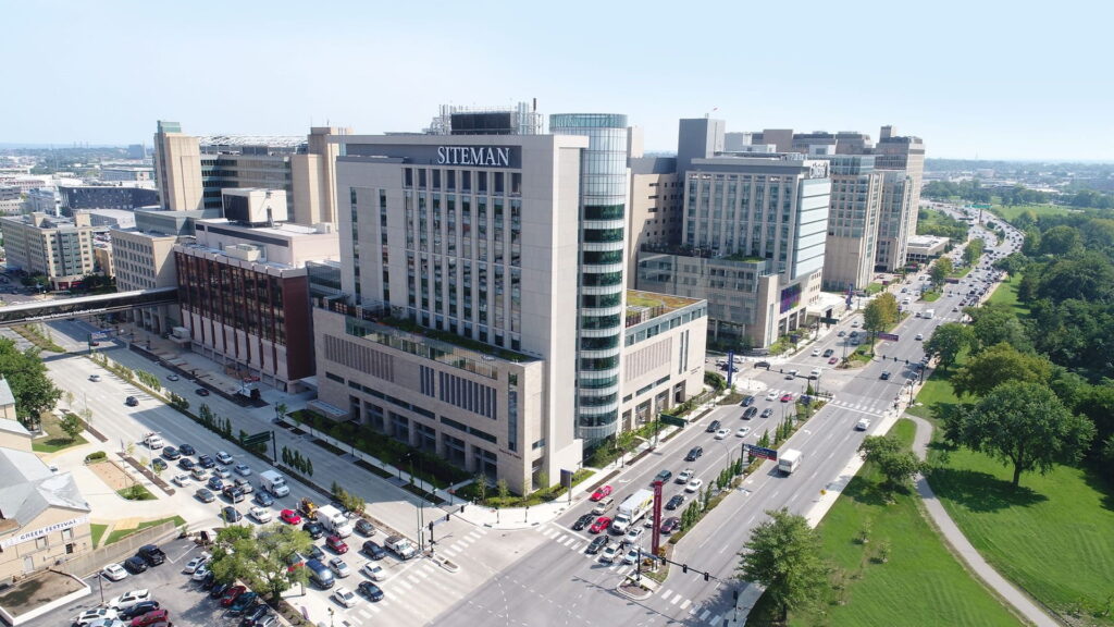 An aerial view of Siteman Cancer Center.