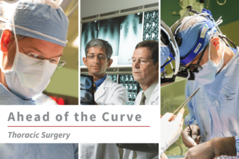 Three images of WashU Thoracic Surgery faculty (from left to right) Benjamin Kozower, MD, MPH, Varun Puri, MD, MSCI, with Bryan Meyers, MD, MPH, and Daniel Kreisel, MD, PhD, with text overlay that reads "Ahead of the Curve Thoracic Surgery."