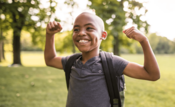 Child flexing his arms with a backback on