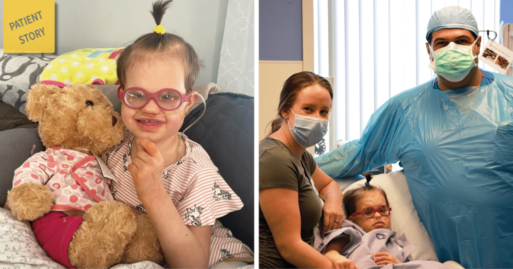 Image side by side. Left image of 11-year-old patient smiling with a teddy bear. Right image is the patient with pediatric surgeon, Baddr Shakhsheer, MD, and her mom at St. Louis Children's Hospital. 