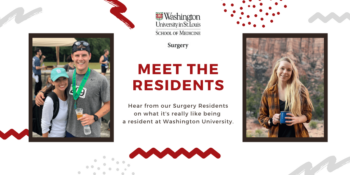 Background of white and gray swiggles with photos of Carrie Ronstrom, MD, PGY-4 Urology resident, and Corbin Frye, MD, PGY-4 general surgery resident.