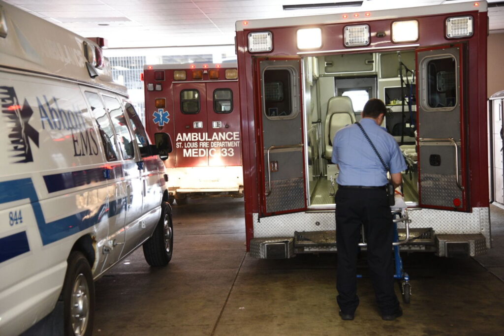 An ambulance at the Barnes-Jewish Charles F. Knight Emergency and Trauma Center.