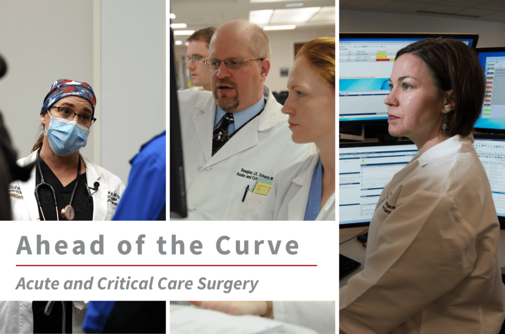 Three images of WashU Acute and Critical Care faculty (from left to right) Tiffany Osborn, MD, Douglas Schuerer, MD, and Sara Buckman, MD, PharmD, with text overlay that reads "Ahead of the Curve Acute and Critical Care Surgery."