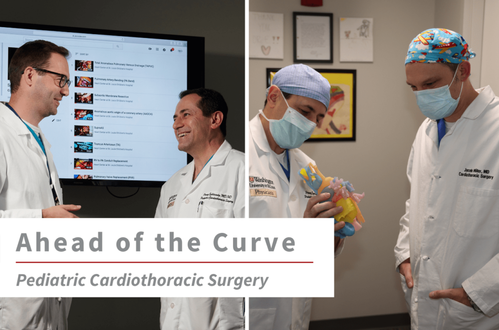 Pediatric cardiothoracic surgeons at WashU. The left picture features Pirooz Eghtesday, MD and Tim Lancaster. The right photo features Dr. Pirooz Eghtesady and Jacob Miller, MD, and a 3-d heart model.