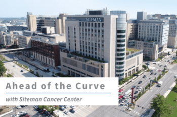 Aerial shot of Siteman Cancer Center in St. Louis with text overlay that reads "Ahead of the Curve with Siteman Cancer Center."