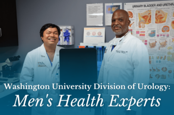 Picture of Doctors Bullock and Venkatesh in the clinic with text overlay that reads "Washington University Urology: Men's Health Experts"