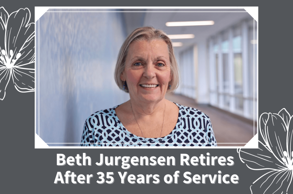 Photo of Beth Jorgensen with text overlay that reads "Beth Jorgensen retires after 35 years of service"