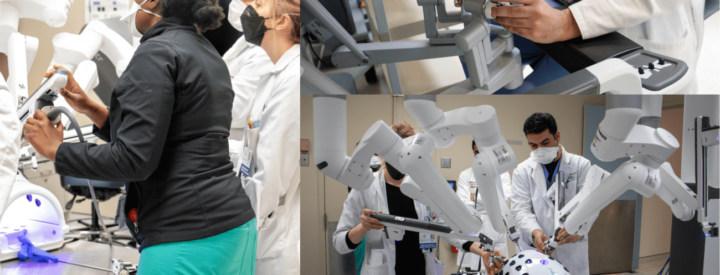 Photo collage of general surgery residents training on surgical robots in WISE Center with text that reads "Introduction to Robotic Surgery Training at WISE"